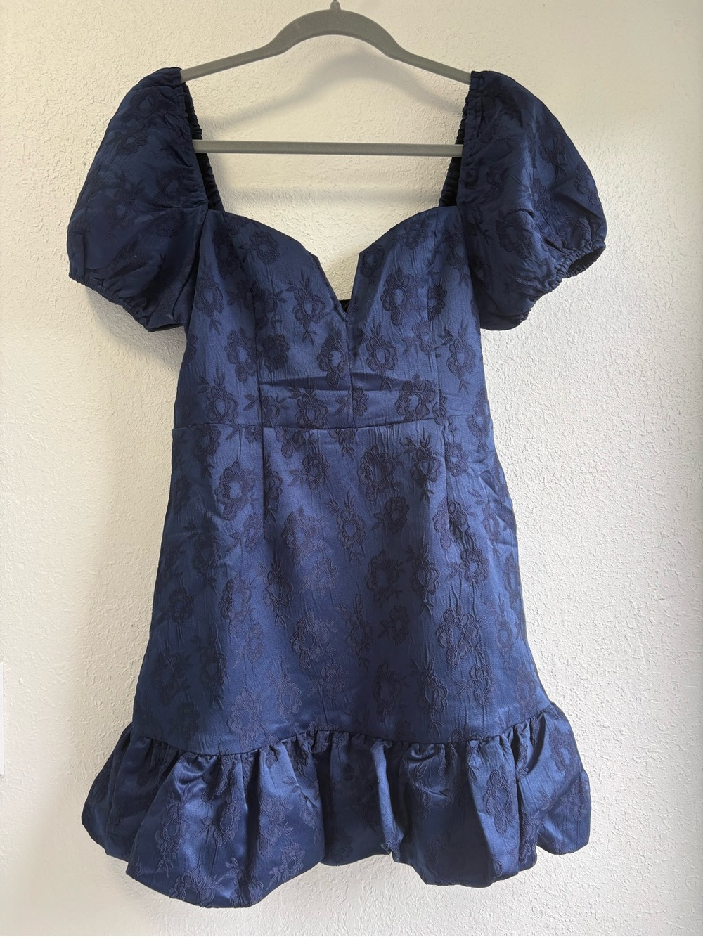 Lulus Exceedingly Delightful Navy Blue Jacquard Puff Sleeve Mini Dress Sz Medium - Picture 5 of 9
